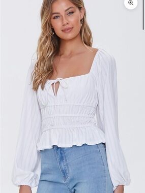 White Smocked Peplum Blouse Puff Sleeve Cottagecore Boho Tie Front Top